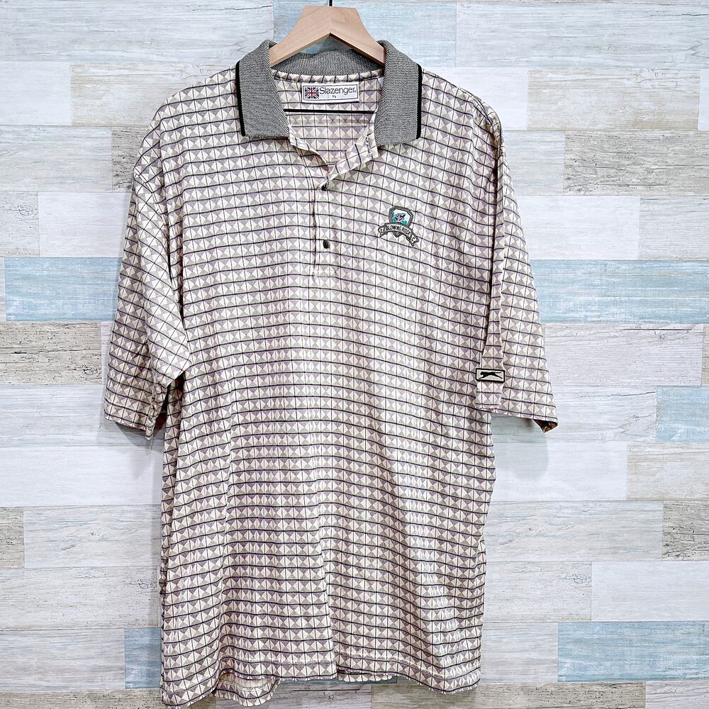 Blowing Rock Country Club Tipped Polo Shirt Beige Argyle Golf Slazenger Mens XL